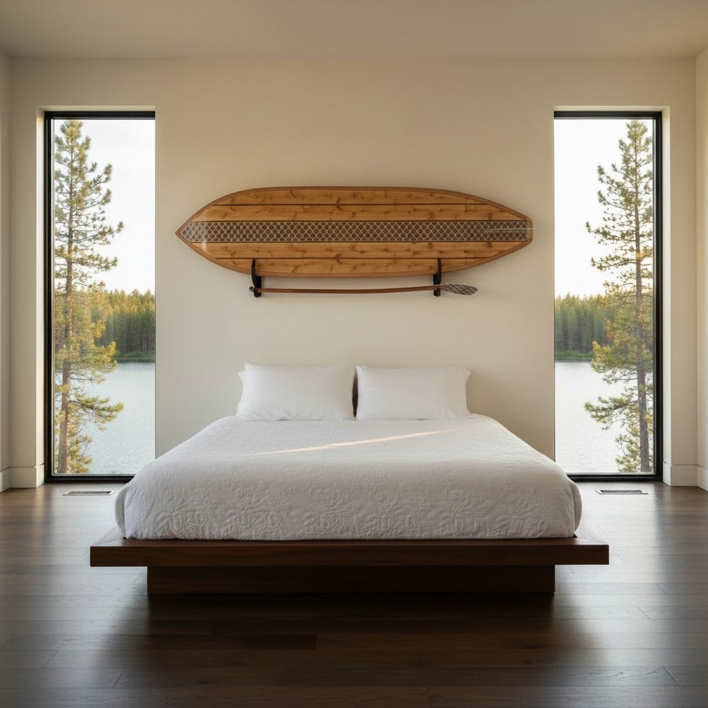 A premium wood artisan paddle board and paddle seamlessly mounted over a king-sized bed in a minimalist luxury master bedroom featuring symmetrical vertical windows looking out onto a serene, pine-lined lake at sunset.