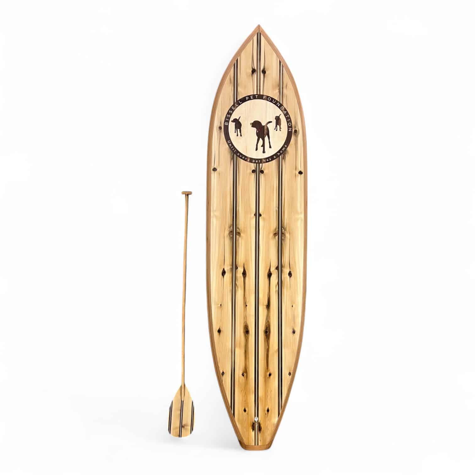 Bissell Pet Foundation | Custom Wood Paddleboard with Company Logo of three dogs in circle