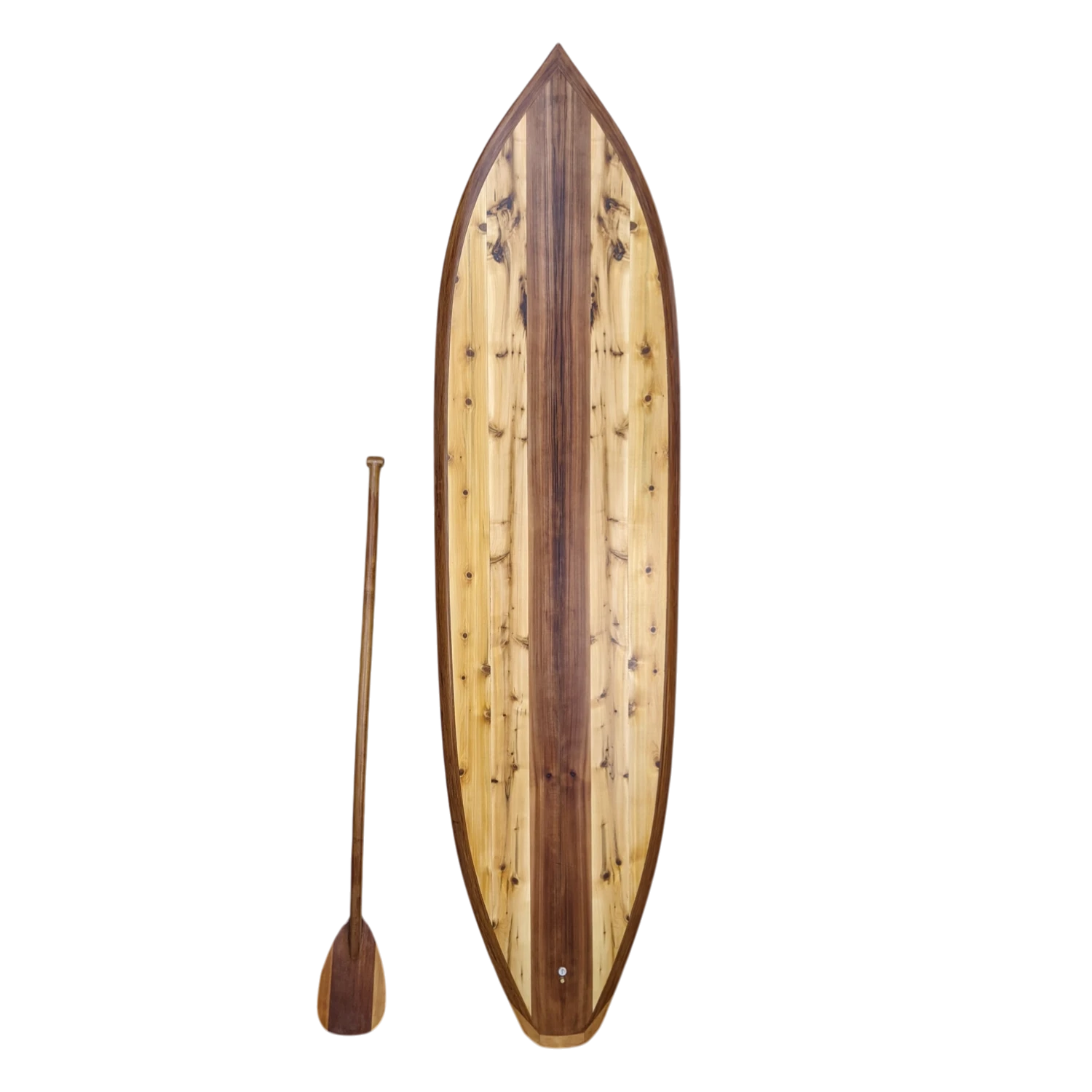 10ft vertical Western Red Cedar wood surfboard sculpture; a large-scale wall art solution for vaulted ceilings and grand entryways.