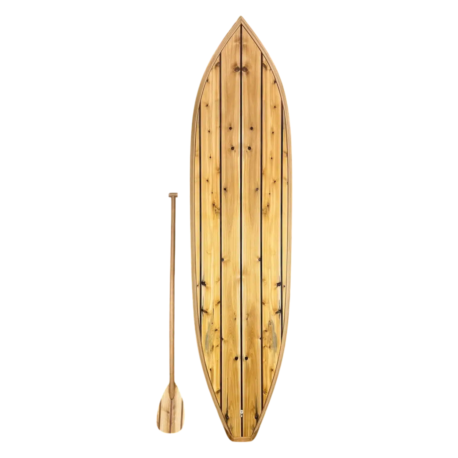 10ft vertical White Cedar wood surfboard sculpture; a large-scale wall art solution for vaulted ceilings and grand entryways.