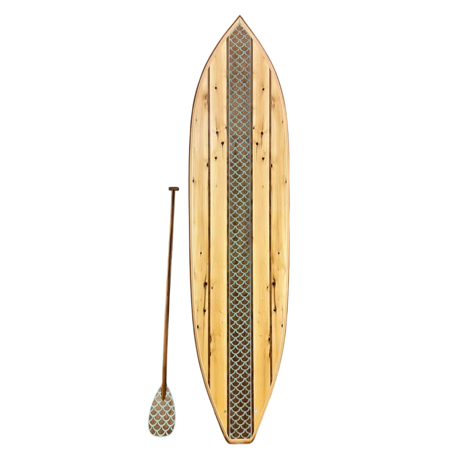 10ft vertical White Cedar wood surfboard sculpture; a large-scale wall art solution for vaulted ceilings and grand entryways.