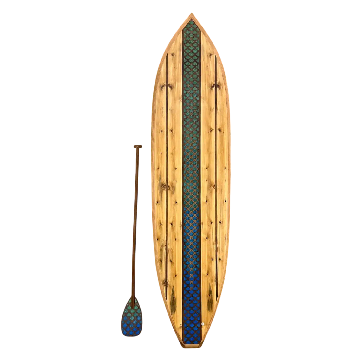 10ft vertical White Cedar wood surfboard sculpture; a large-scale wall art solution for vaulted ceilings and grand entryways.
