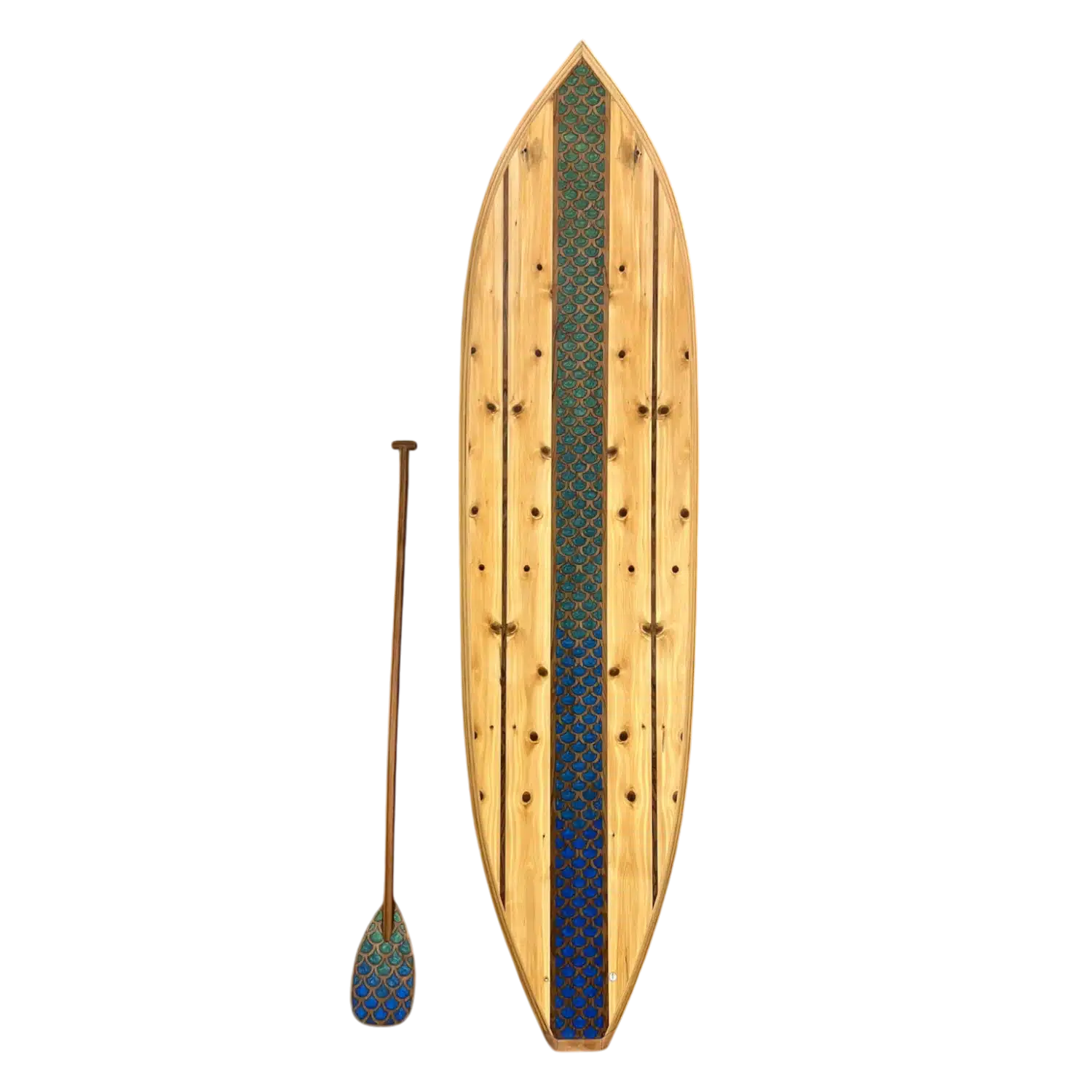 10ft vertical White Cedar wood surfboard sculpture; a large-scale wall art solution for vaulted ceilings and grand entryways.